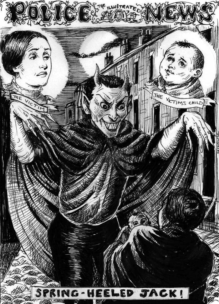 Spring-heeled Jack's devil-like aspect is depicted by the sensationalist 'Illustrated Police News'.