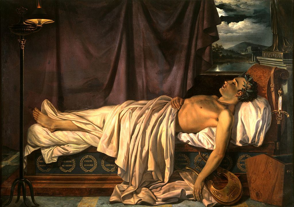 Lord Byron on his Death Bed, painted in 1826. Note the sheet covering Byron's club foot.