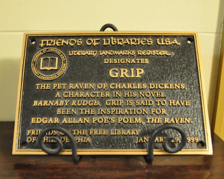 Plaque dedicated to Grip the raven at the Free Library of Philadelphia