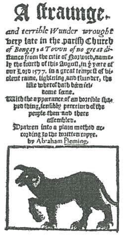 Frontispiece of the pamphlet 'A Straunge and Terrible Wonder' telling of a black dog attacking two churches