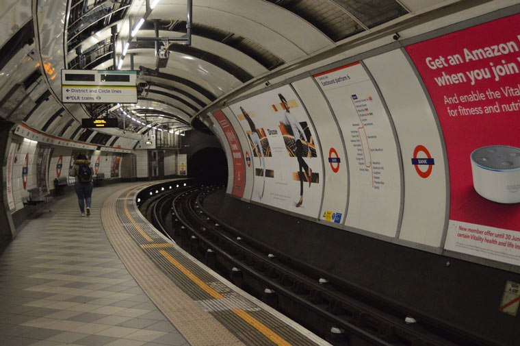 A platform in Bank Underground Station, London