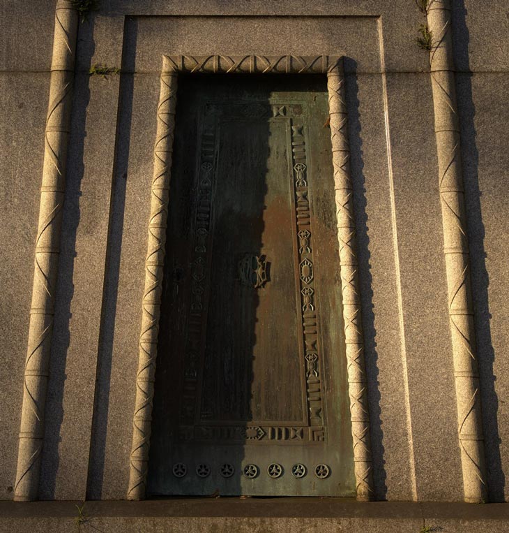 The door of the neo-Egyptian Courtoy Mausoleum in Brompton Cemetery