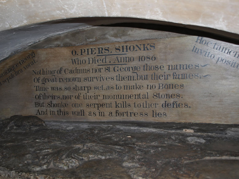 The inscription on the tomb of the Dragon slayer Piers Shonks, in Brent Pelham