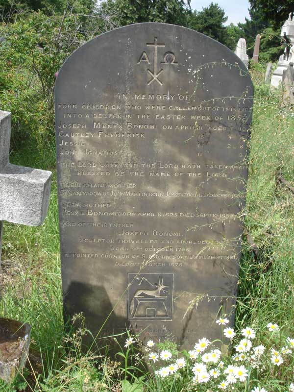 Gravestone of the Egyptologist Joseph Bonomi, Brompton Cemetery, with depiction of Anubis