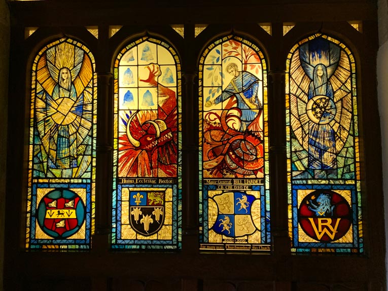 Window showing dragon slayer Jim Pulk, with the Knucker, Lyminster