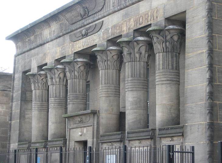 The Neo-Egyptian Facade of Temple Works flax mill in Leeds, designed by Joseph Bonomi the Younger
