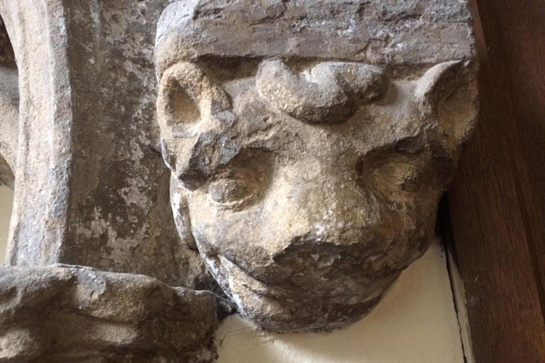 The grinning 'Cheshire Cat' in Croft Church that may have inspired Lewis Carroll