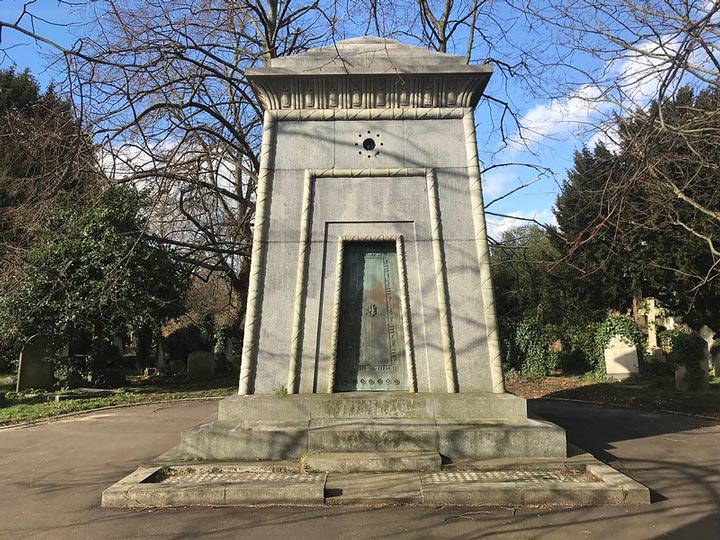 The Courtoy Mausoleum in London's Brompton Cemetery in the sun