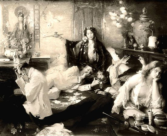 A Victorian image of whites supposedly corrupted in a Chinese opium den