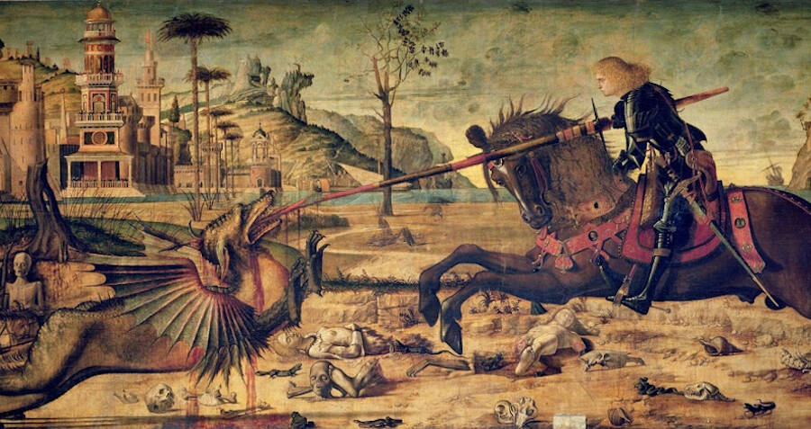 St George killing the dragon, as depicted by Vitorre Carpaccio 1502-7.