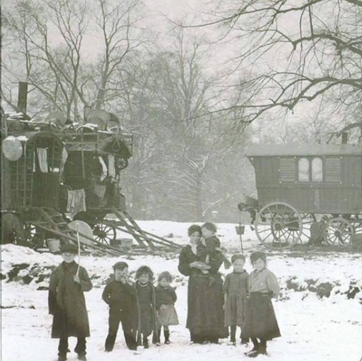 A group of Gypsies in the snow - might Romanies have made the Devil's Footprints?