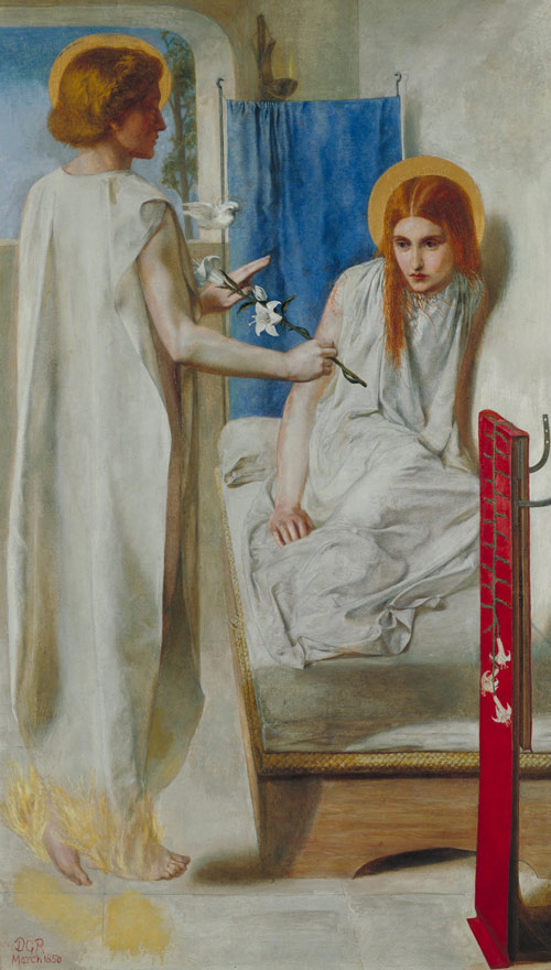 Dante Gabriel Rossetti's Ecce Ancilla Domini, featuring his sister Christina as a red-haired Virgin Mary