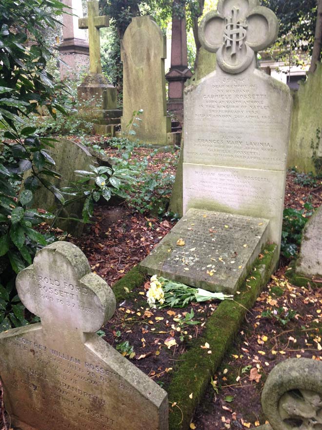 Gravestone marking the Rossetti family plot in Highgate Cemetery, where Lizzie Siddal is buried