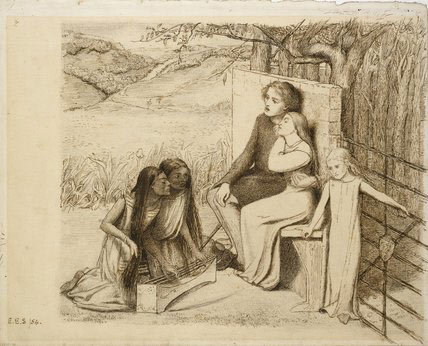 An ink drawing by Lizzie Siddal showing two lovers listening to music