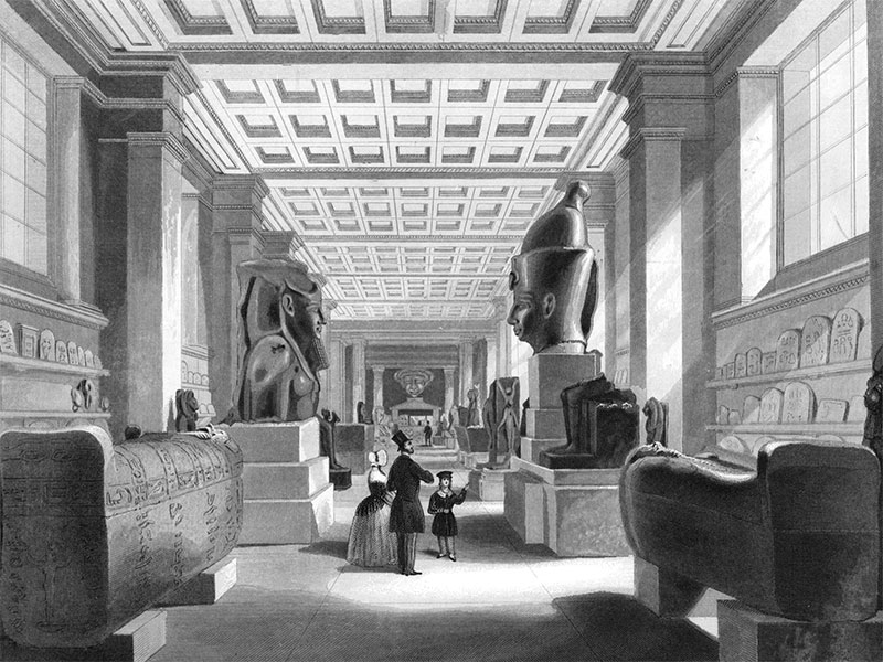 Victorian visitors examine Ancient Egyptian artefacts in the British Museum