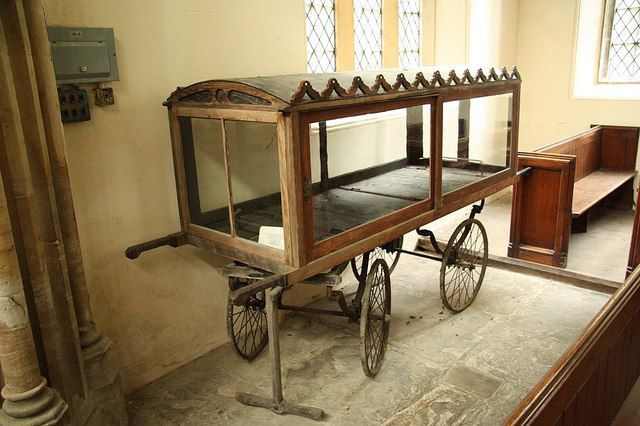 An old funeral bier in a church, Britain