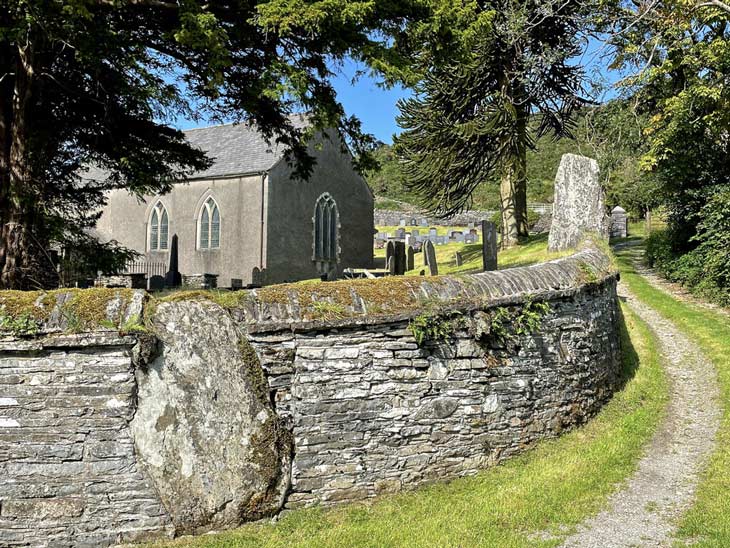 Standing stones incorporated into churchyard wall, Ysbyty Cynfyn, Wales