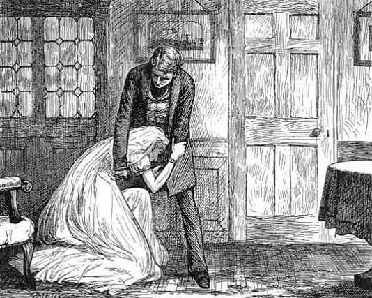 Miss Havisham begs Pip's forgiveness, in an 1877 edition of Charles Dickens's Great Expectations