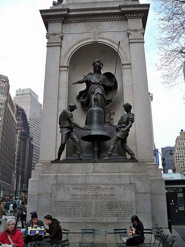 Statue of Minerva and her owl in New York's Herald Square today