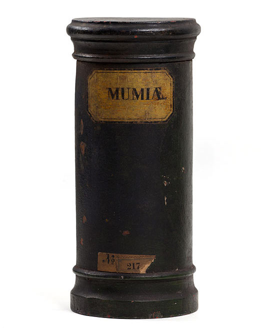 A wooden container for mummia from the collection of an apothecary, displayed in Hamburg Museum, Germany.