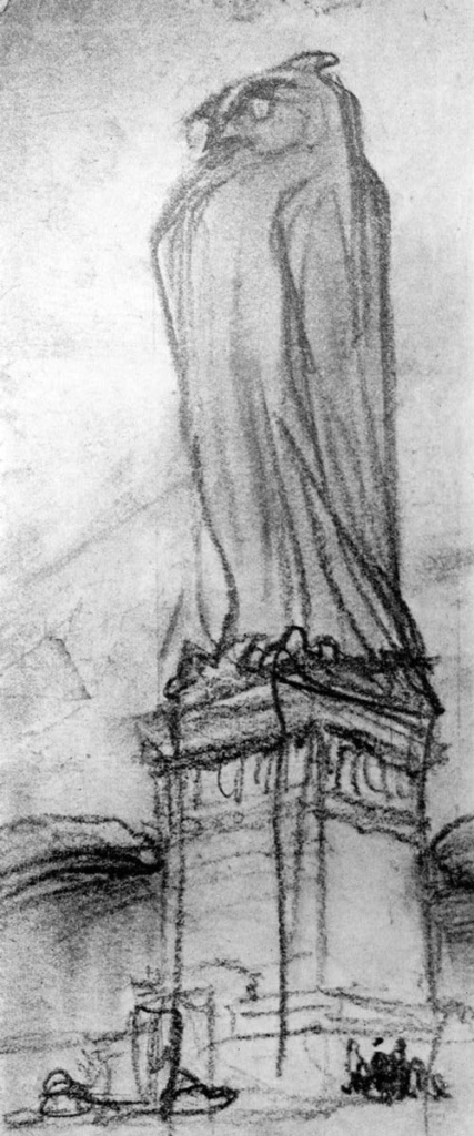 A sketch of the proposed owl-shaped tomb of James Gordon Bennett Junior