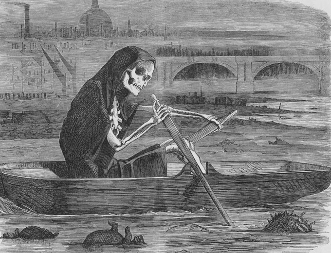 'The Silent Highwayman'. Death rows on the Thames, claiming the lives of those who won't pay to have the river cleaned up. From Punch magazine, 1858