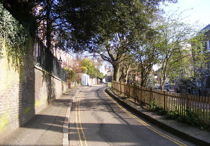 A quiet lane in Hampstead - did wild pigs once roam the sewers beneath it?