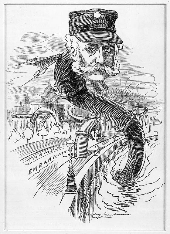 Joseph Bazalgette depicted as a London sewer snake, in Punch magazine 1883