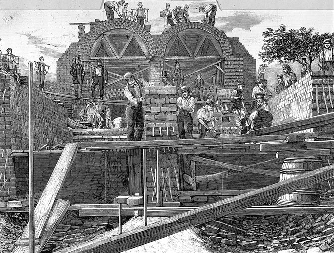 A London sewer being constructed as part of Bazalgette's project in Bow, East London, 1859