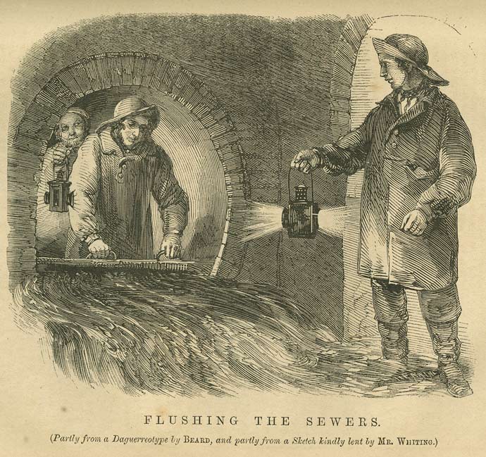 Flushing London's sewers - sluices could sometimes release water, drowing unwary toshers