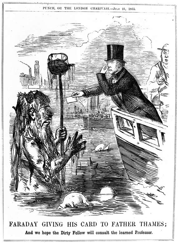A filthy Father Thames meets the scientist Michael Faraday. Faraday performed an experiment in which he dipped a piece of white paper in the river to test its opacity.